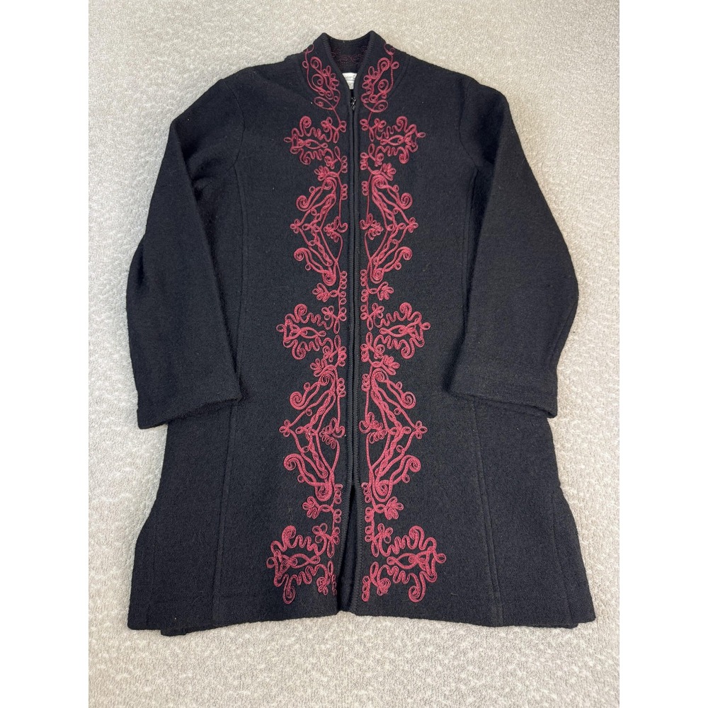Coldwater Creek Coat Womens Medium Black Wool Embroidered Full Zip Mid Length